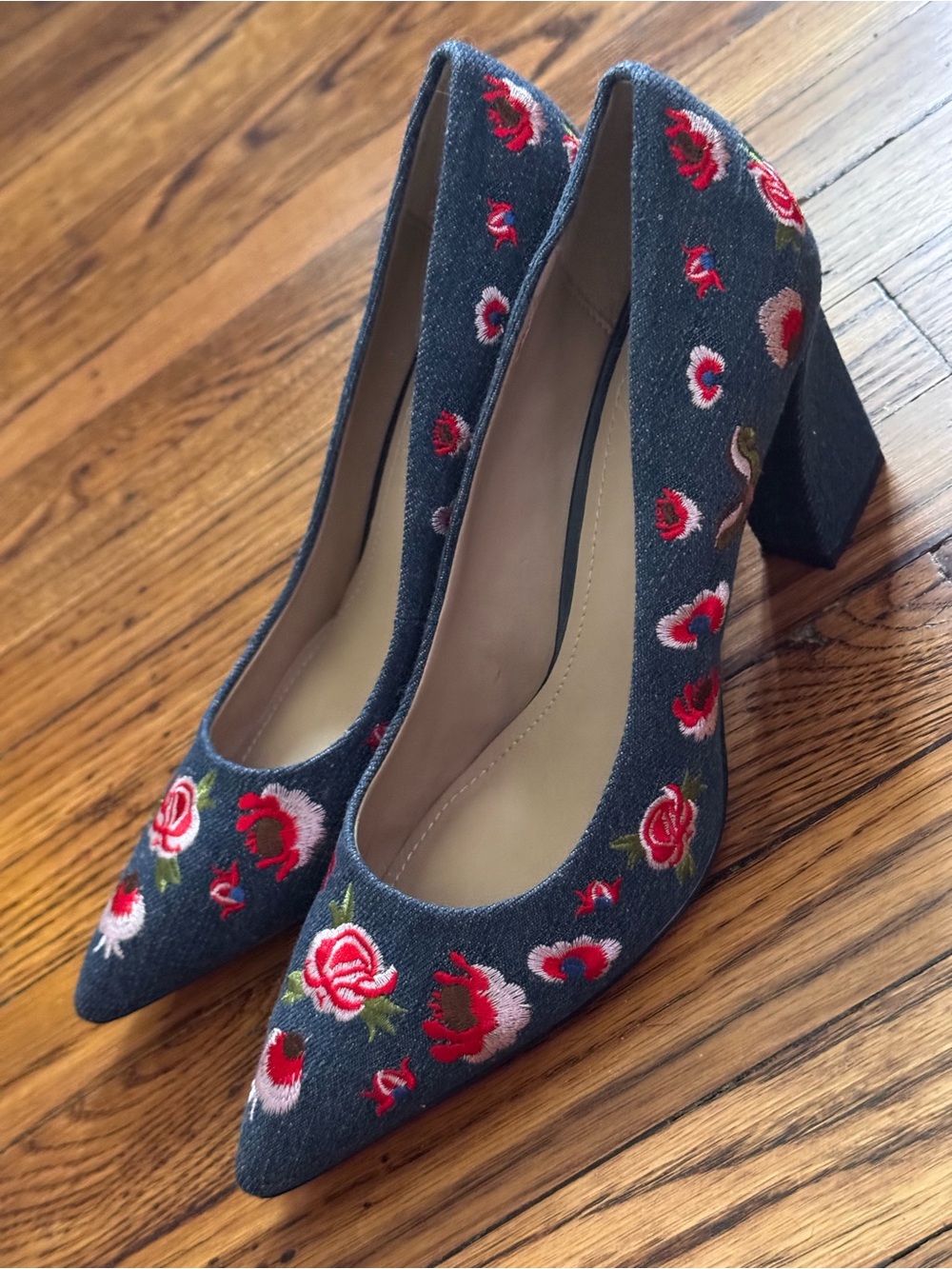 Embroidered Denim Pointed-Toe Pumps in Blue with Red Floral Detail